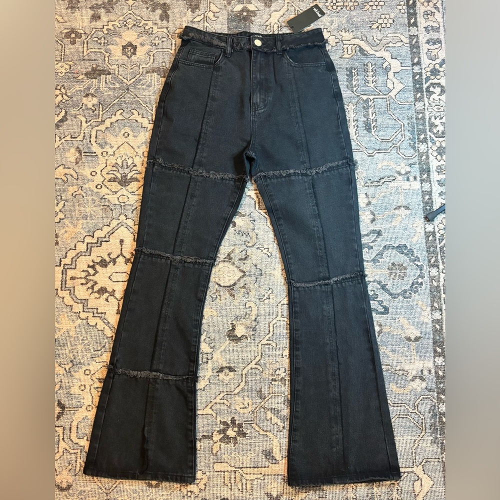 Nasty Gal Washed Black High-Rise Panelled Flare Jeans